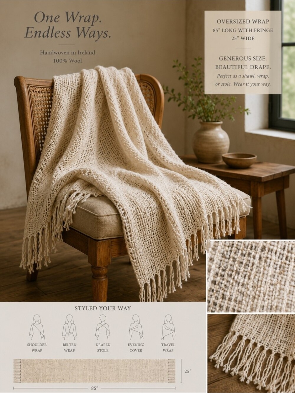 NWT VTG Mucros Weavers Handwoven Irish 100% Wool Shawl Wrap Stole 85" Ireland